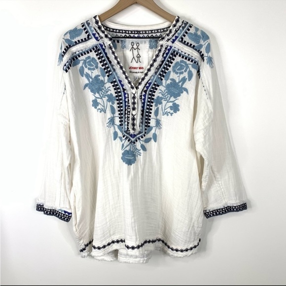 Johnny Was Vedera Gauze Blouse White Blue Sz XL IT HAS POCKETS!! - Picture 4 of 14